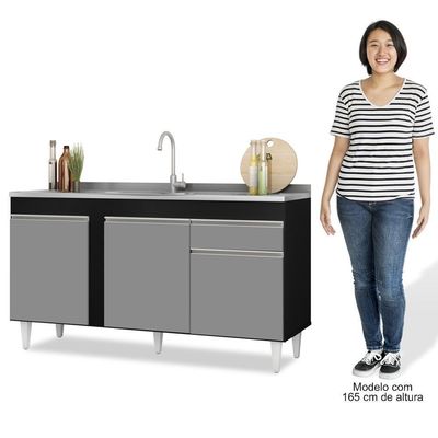 Armário Aéreo Argélia E Balcão Gabinete Com Pia Inox 150cm Dakota Preto-cinza - Lumil