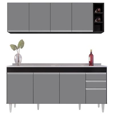 Armário Aéreo Nevada E Balcão Gabinete 180cm Com Pia Dallas Preto-cinza - Lumil