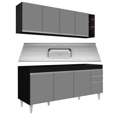 Armário Aéreo Nevada E Balcão Gabinete 180cm Com Pia Dallas Preto-cinza - Lumil