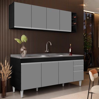 Armário Aéreo Nevada E Balcão Gabinete 180cm Com Pia Dallas Preto-cinza - Lumil