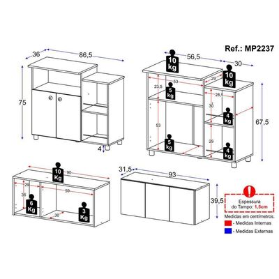 Kit Armário De Cozinha 3 Portas Com Balcão Multiuso-fruteira Mp2237 Branco-grafite Branco-grafite
