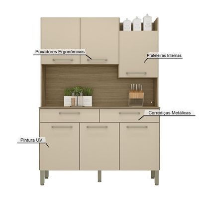 Armário De Cozinha Compacta 6 Portas 2 Gavetas Modena - Freijó-vanilla