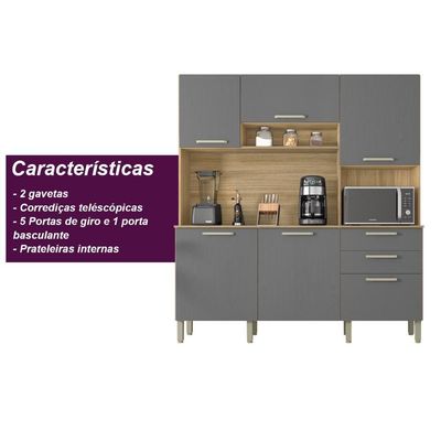 Armario De Cozinha Compacta 6 Portas 2 Gavetas Ferrara Freijó gris