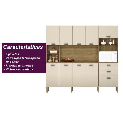Armario De Cozinha Compacta 10 Portas 2 Gavetas Intense Freijó vanilla