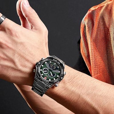Relógio Esportivo Masculino Em Aço Inoxidável à Prova D'água Com Display Duplo Verde