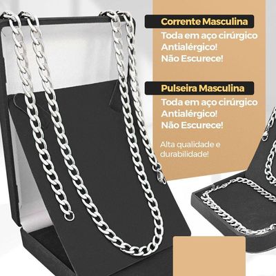 Relogio Masculino Prateado + Cordão Prata Grumet Inoxidavel