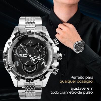 Relogio Masculino Aço Inoxidavel Prata + Premium Caixa