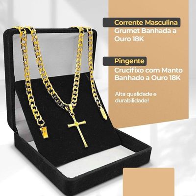 Relogio Dourado Masculino + Cordão Crucifixo Grumet Preto