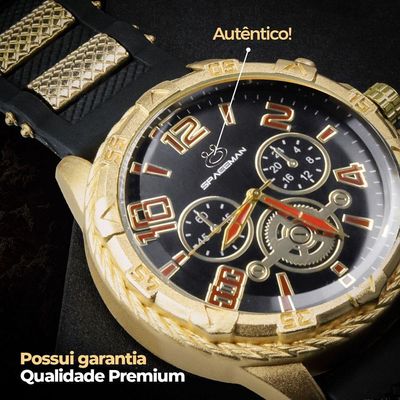 Relogio Dourado Masculino + Cordão Crucifixo Grumet Preto