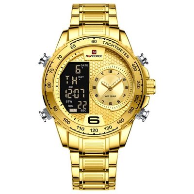 Relógio De Masculino Em Aço Inoxidavel Luminoso Display Lcd Design Esportivo Dourado