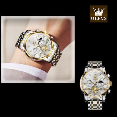Relógio Masculino De Quartzo Cronógrafo Fases Da Lua Branco Dourado