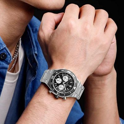 Relógio De Quartzo Masculino Com Pulseira De Aço Inoxidável Esportivo Impermeável Prata