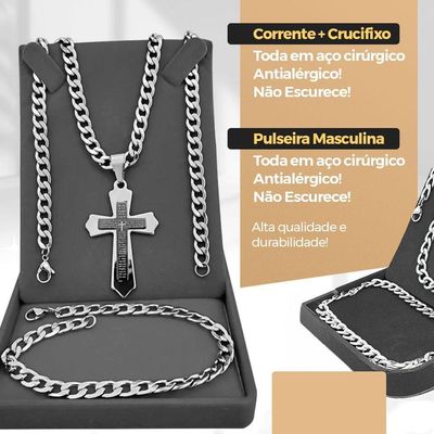 Relogio Masculino Preto + Cordão Prata Grumet + Relogio Masculino Aço Inox Black Piano