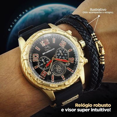 Relogio Masculino Dourado + Pulseira + Cordão Crucifixo