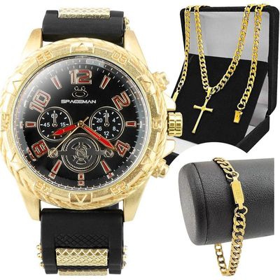 Relogio Masculino Dourado + Pulseira + Cordão Crucifixo