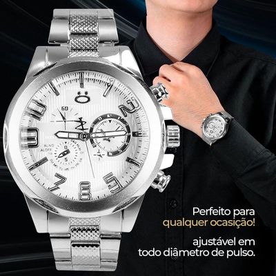 Relogio Masculino Aço Inox + Caixa + Cordão Pingente Cruz