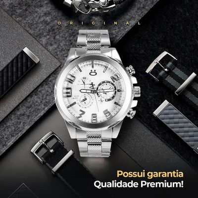 Relogio Masculino Aço Inox + Caixa + Cordão Pingente Cruz