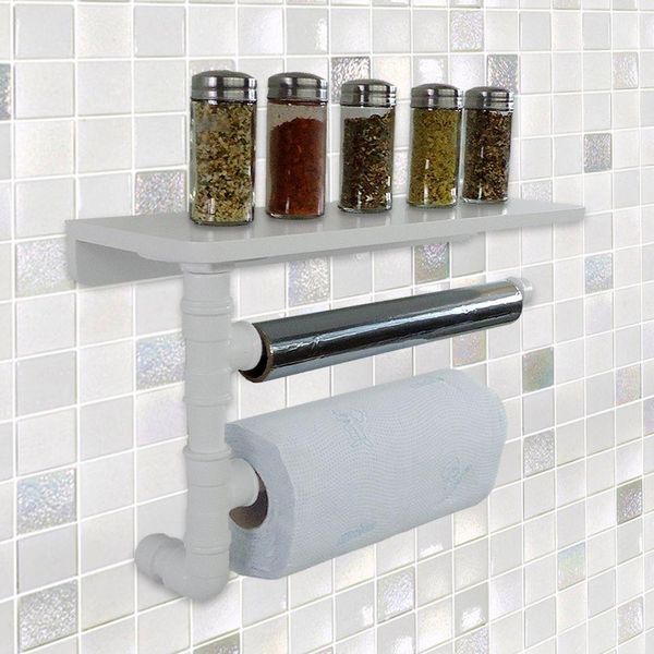 Suporte De Parede Porta Papel Toalhas E Prateleira Para Temperos Cozinha Estilo Industrial Branco