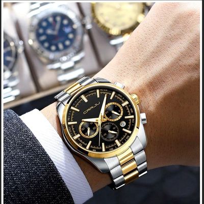 Relógio Masculino De Pulso Quartzo Multifunção Esportivo Em Aço Inoxidável Impermeavel Preto Dourado