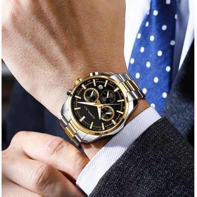 Relógio Masculino De Pulso Quartzo Multifunção Esportivo Em Aço Inoxidável Impermeavel Preto Dourado