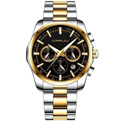 Relógio Masculino De Pulso Quartzo Multifunção Esportivo Em Aço Inoxidável Impermeavel Preto Dourado