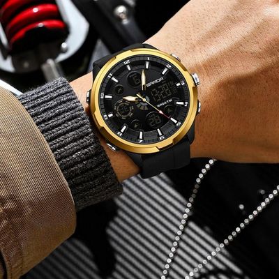Relógio Digital Masculino Estilo Esportivo Duplo Display á Prova D'água Preto Dourado