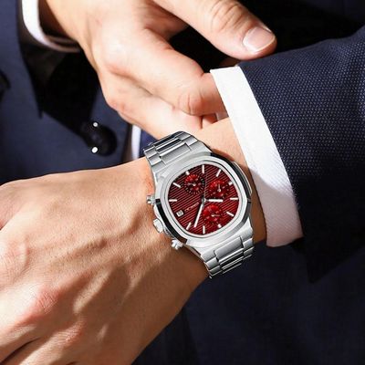 Relógio De Pulso Masculino Analógico Com Pulseira De Aço Inoxidável Impermeável 3atm Vermelho