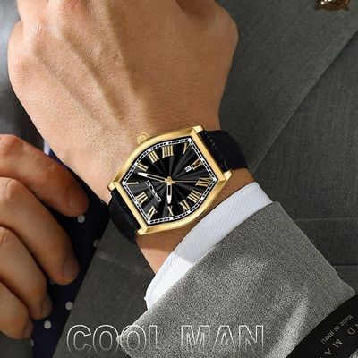 Relogio Analógico Masculino De Quartzo Design Criativo Tonneau à Prova D'água Preto Dourado
