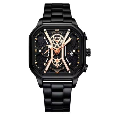 Relógio Masculino De Quartzo Em Aço Inoxidável Impermeável Design Quadrado Luminoso Preto Fosco