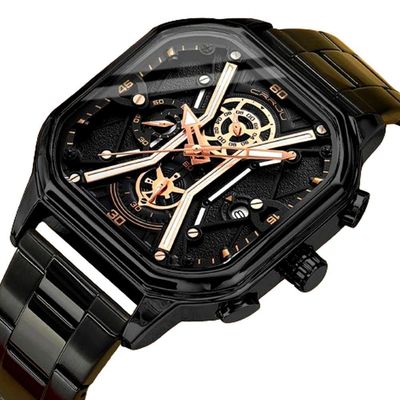 Relógio Masculino De Quartzo Em Aço Inoxidável Impermeável Design Quadrado Luminoso Preto Fosco