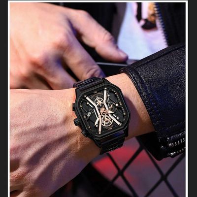 Relógio Masculino De Quartzo Em Aço Inoxidável Impermeável Design Quadrado Luminoso Preto Fosco