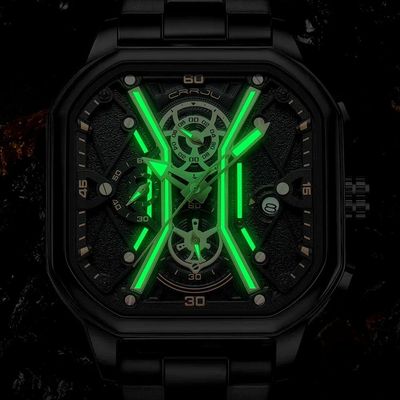 Relógio Masculino De Quartzo Em Aço Inoxidável Impermeável Design Quadrado Luminoso Preto Fosco