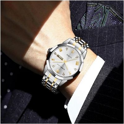 Relógio Analógico Masculino De Quartzo Impermeável Em Aço Inoxidável Classico Branco Dourado
