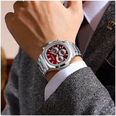 Relógio Masculino Quadrado Em Aço Inoxidável Casual Impermeável Quartzo Vermelho