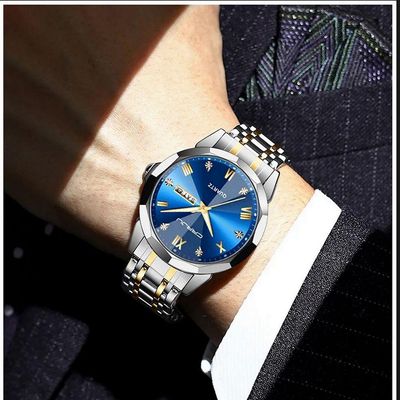 Relógio Analógico Masculino De Quartzo Impermeável Em Aço Inoxidável Classico Azul Dourado
