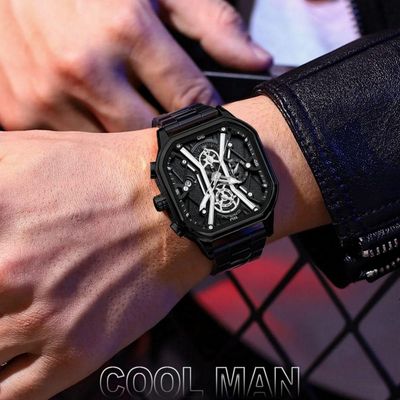 Relógio Masculino De Quartzo Em Aço Inoxidável Impermeável Design Quadrado Luminoso Preto