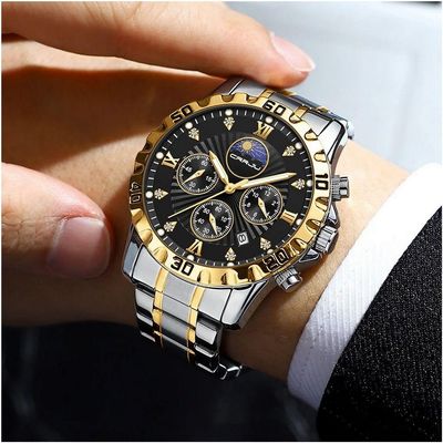 Relógio De Pulso De Quartzo Masculino Multifuncional Em Aço Inoxidável Impermeavel Preto Dourado