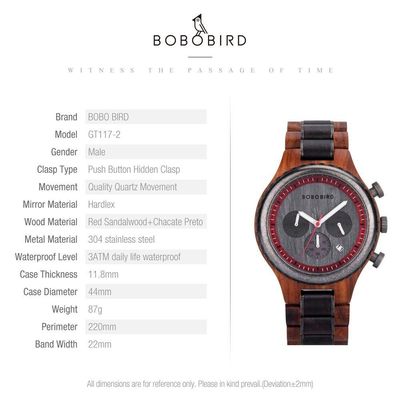 Relógio De Madeira Masculino Bobo Bird Gt117 À Prova D'Água Preto