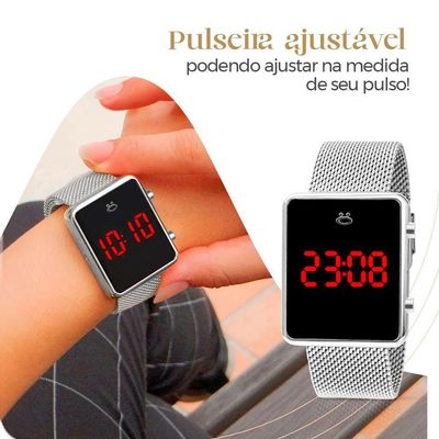 Relogio Feminino Digital Aço Inox + Pulseira Pandora