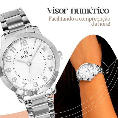 Relogio Feminino Prata + Colar Strass + Caixa + Brincos