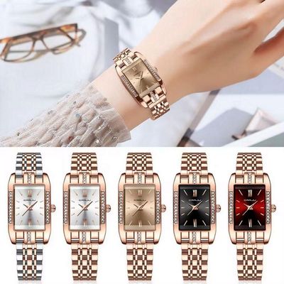 Relógio De Quartzo Feminino Design Quadrado Bracelete De Aço Inoxidável Impermeavel 3atm Vermelho