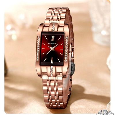 Relógio De Quartzo Feminino Design Quadrado Bracelete De Aço Inoxidável Impermeavel 3atm Vermelho