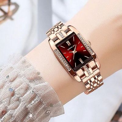 Relógio De Quartzo Feminino Design Quadrado Bracelete De Aço Inoxidável Impermeavel 3atm Vermelho