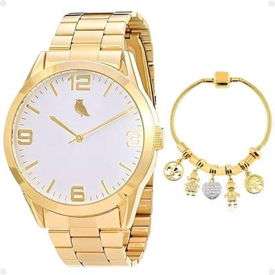 Relogio Feminino Dourado Aço Inox + Caixa + Pulseira Pandora