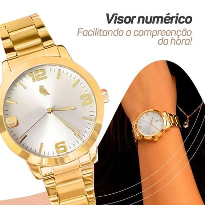 Relogio Feminino Dourado Aço Inox + Caixa + Pulseira Pandora