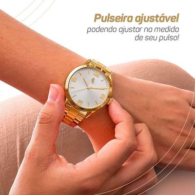 Relogio Feminino Dourado Aço Inox + Caixa + Pulseira Pandora