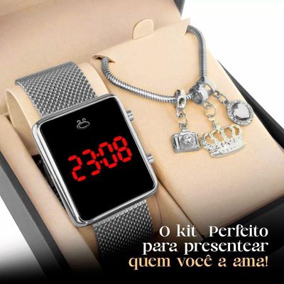 Relogio Digital Feminino Aço Inox + Pulseira Pandora