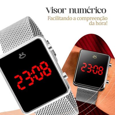 Relogio Digital Feminino Aço Inox + Pulseira Pandora