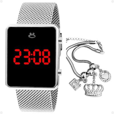 Relogio Digital Feminino Aço Inox + Pulseira Pandora