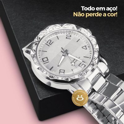Relogio Feminino Prova Dagua Banhado + Relogio Aço Strass Qualidade Premium Redondo Resistente Kit